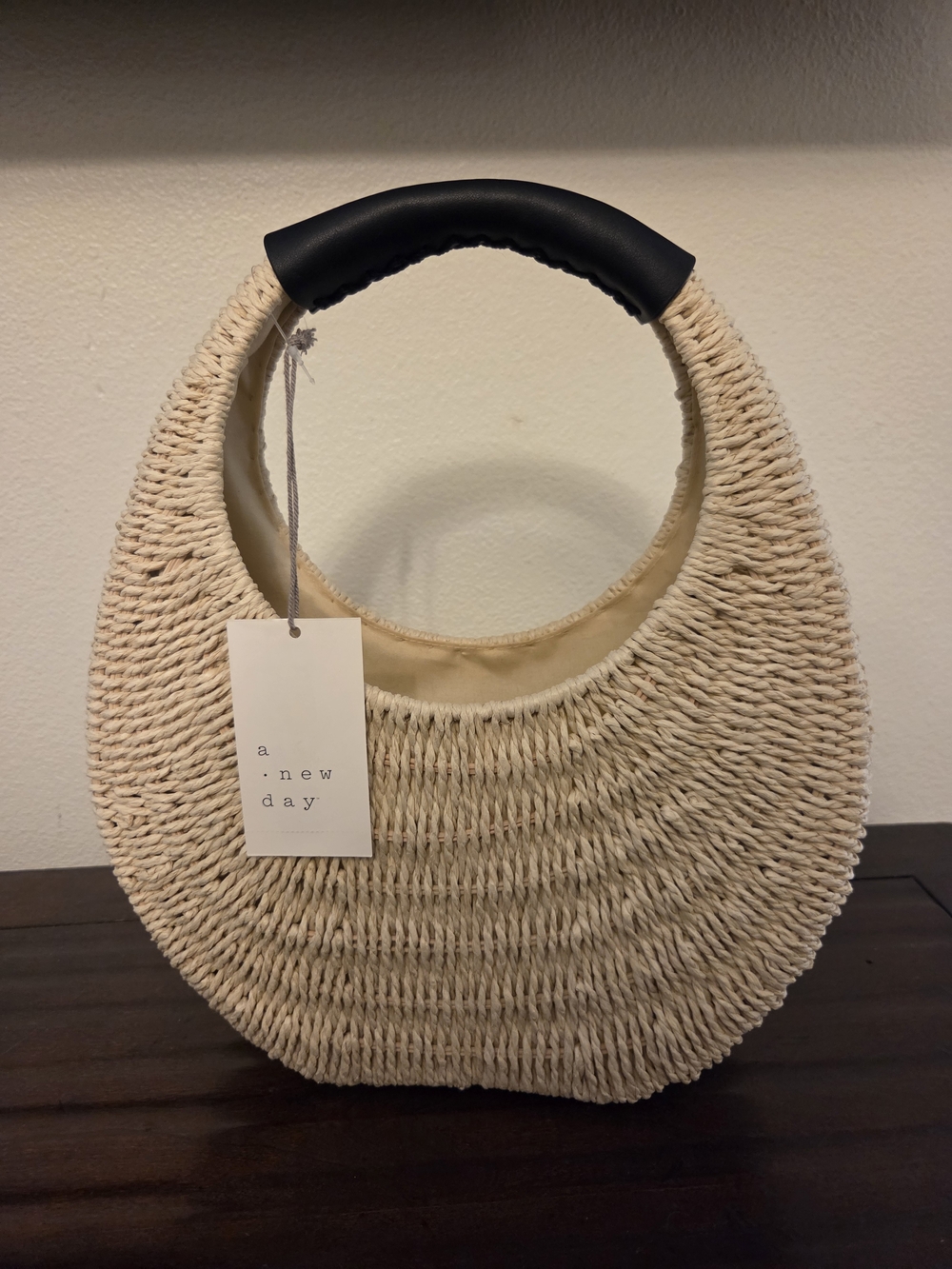 NWT A new Day Crescent Woven Tote in Natural with Black Handle